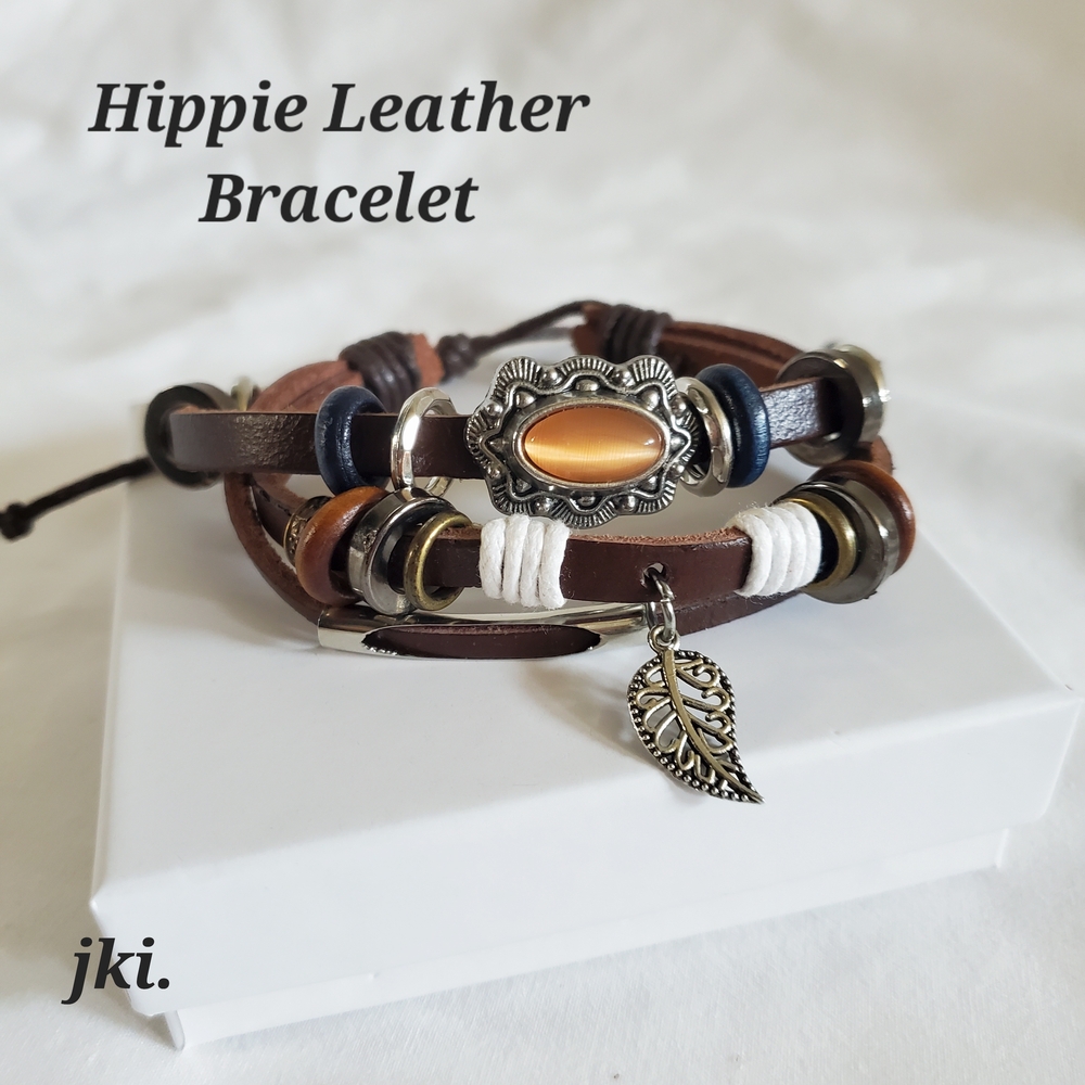 Boho Hippie Leather Wrap Bracelet With Leaf Charm 7"